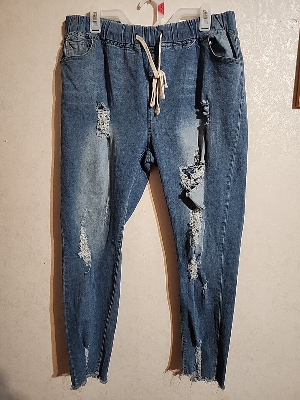 Womens Jeans Denim 34" Elastic Drawstring Waist Pull On Distressed Tapered